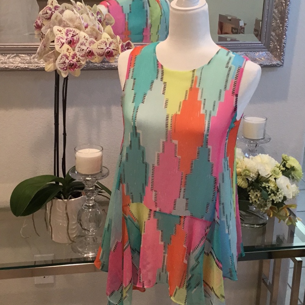 CiCi sleeveless colorful tunic style top. Lined.